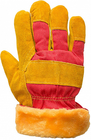 Перчатки спилковые комбинированные желто-красные утепленные